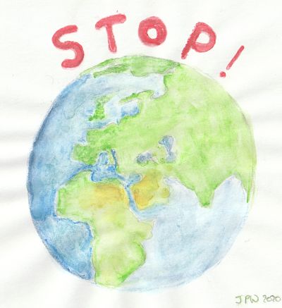 The Earth with the word Stop above it