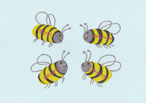 Cartoon of four bees called back balance breath and breadth