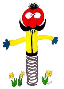 Magic Roundabout character Zebedee demonstrating springiness