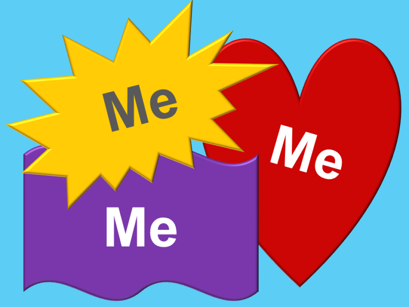 Cartoon with a heart a star and a banner, and each one has the word 'me' inside it