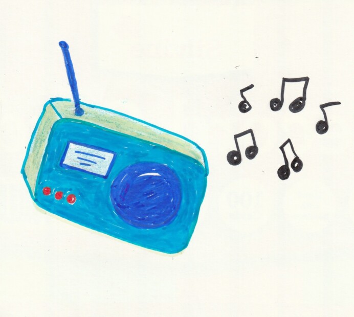 Cartoon image of a radio playing music