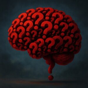 Drawing of a brain made up of question marks